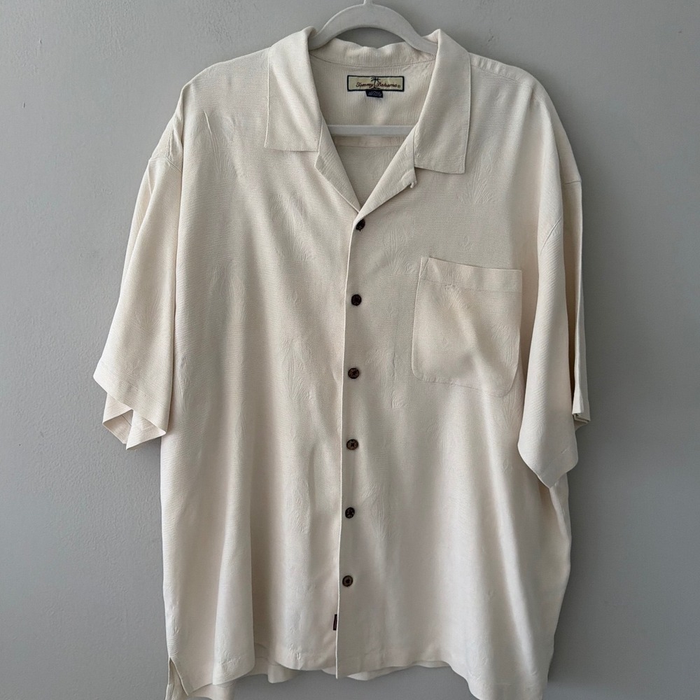 Tommy Bahama Relax Mens XXL Silk Camp Shirt Cream Jacquard Palm Leaf Button Up